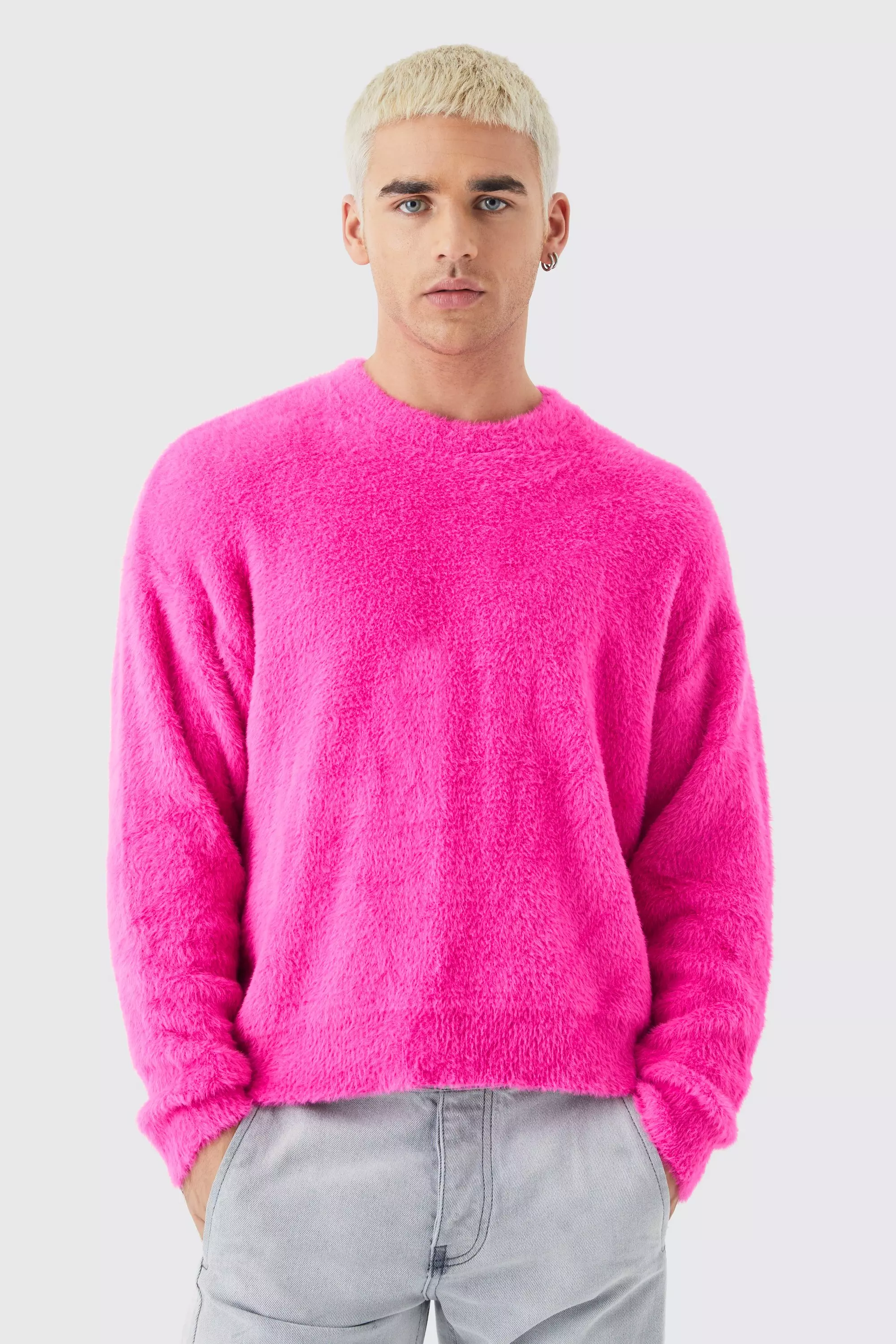 Boxy Crew Neck Fluffy Knitted Jumper boohooMAN AU